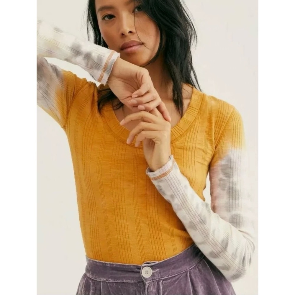 Free People Big Sir Cotton Blend Tie-Dye Ribbed Top in Amber Combo Sz Large NWOT